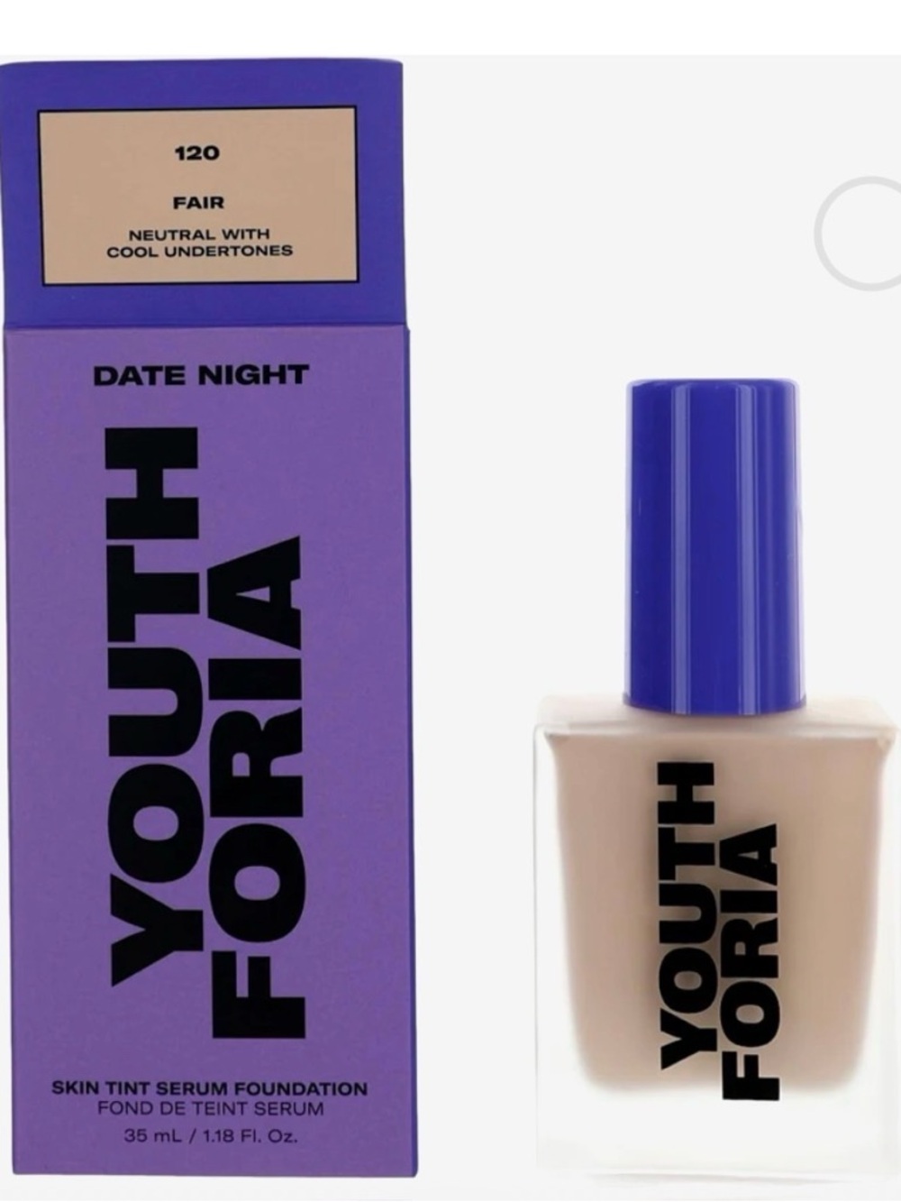 BNIB Youthforia Date Night Skin Tint Foundation 120 Fair Dewy Serum Makeup